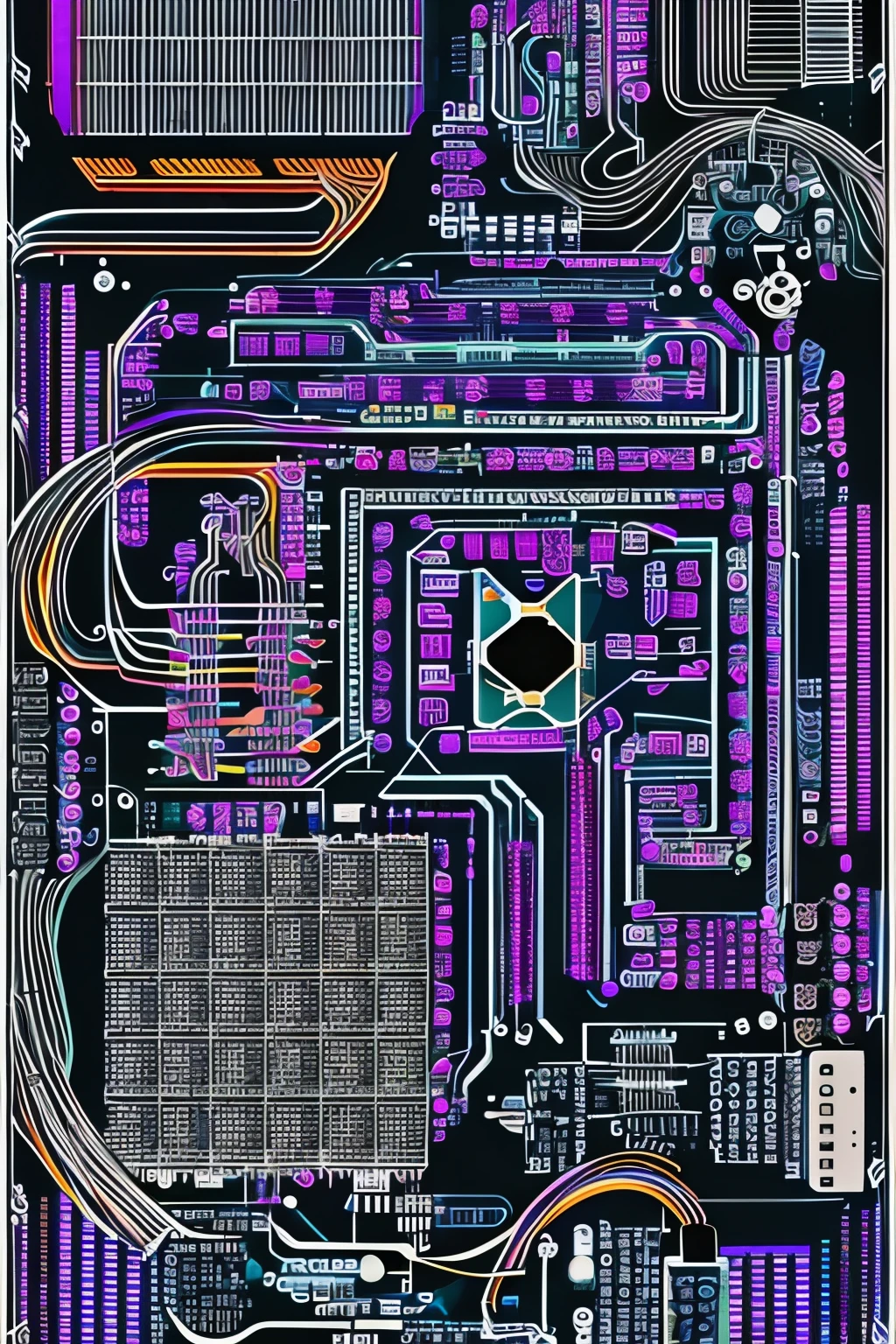 best quality, super fine, 16k, delicate and dynamic, X-rays of precision equipment, circuit boards, diagrams, complex and countless colorful cables, IC chips, resistors, capacitors, light-emitting diodes, timers, artwork