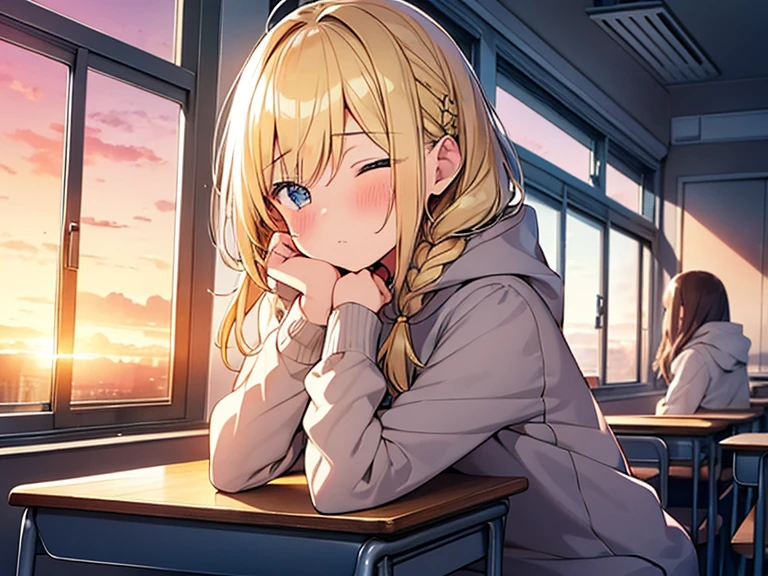 Top quality,( 1 beautiful girl), junior high school student, Blonde, Braided hair, Medium Hair, standard weight, hoodie,  blush, sitting and sleeping, (classroom), sunset, beautiful scene, cowboy shot