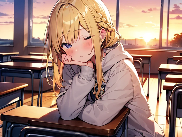 Top quality,( 1 beautiful girl), junior high school student, Blonde, Braided hair, Medium Hair, standard weight, hoodie,  blush, sitting and sleeping, (classroom), sunset, beautiful scene, cowboy shot