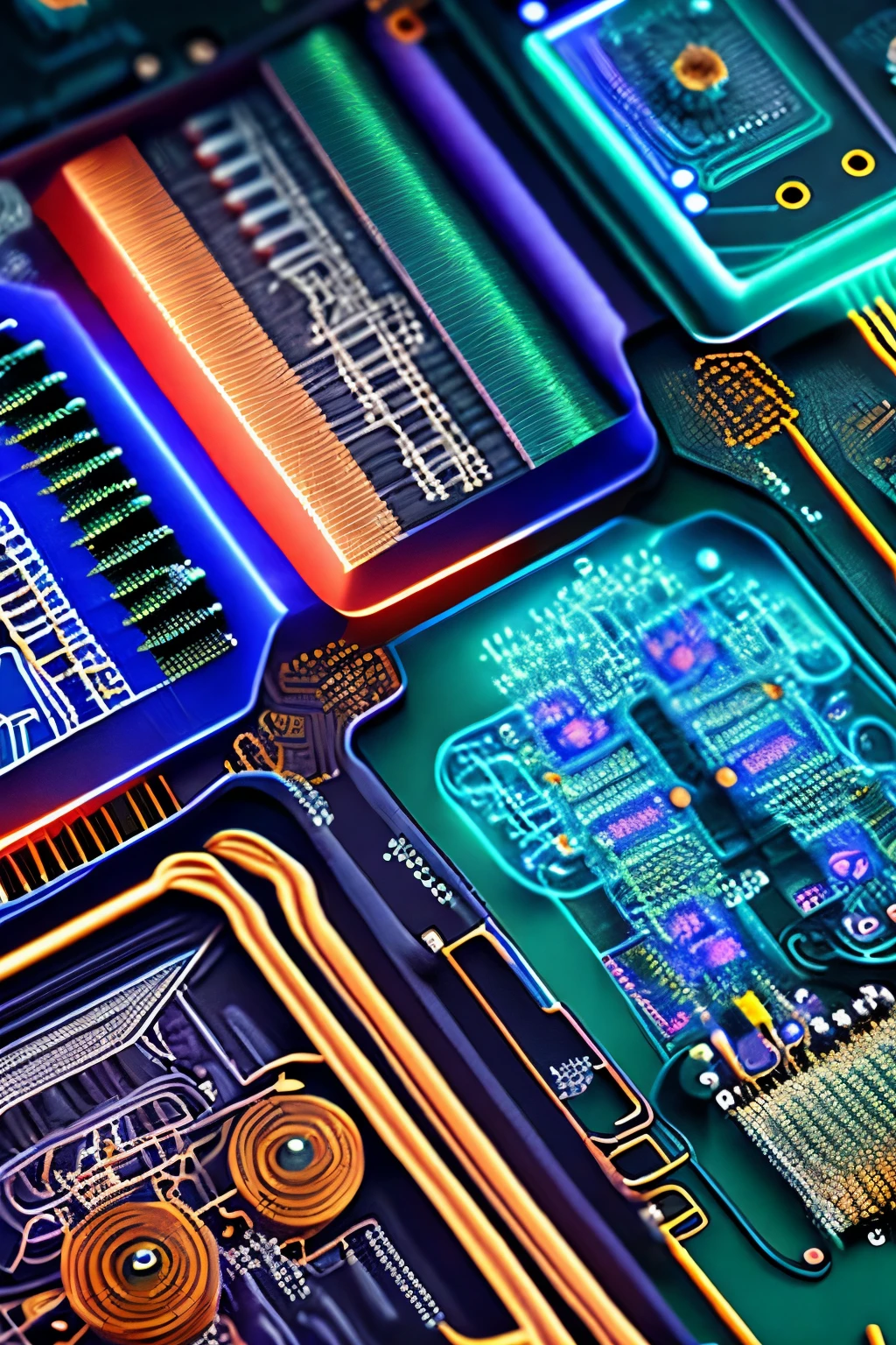 best quality, super fine, 16k, delicate and dynamic, X-rays of precision equipment, circuit boards, diagrams, complex and countless colorful cables, IC chips, resistors, capacitors, light-emitting diodes, timers, artwork