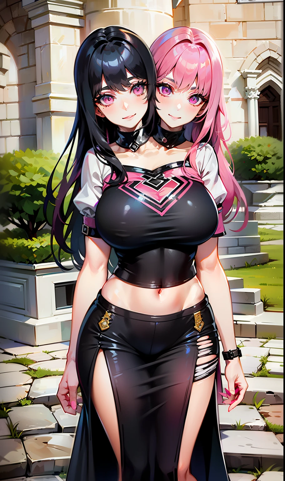 b best quality, (masterpiece),(ultra-detailed), (high quality), (high resolution), ((2heads:1.5)), ((black hair)), ((pink hair)), ((different hair colors)), large breasts, shorts , full body,best quality:1.5, highres, UHD, 4K), medieval outfit, smiling, ((crop top)), wearing sandals, medieval castle background, ((full body)), ((seductive pose)), ((detailed eyes)), (mature woman), exposed midriff, (giant woman)