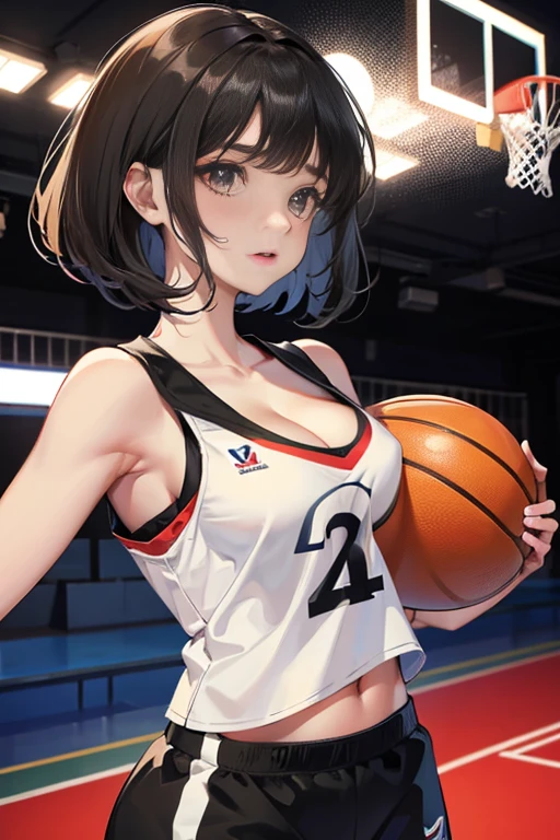 1girl,solo,cute,black hair and short hair,big bust, cleavage,have a basketball,in basketball court,school's gym