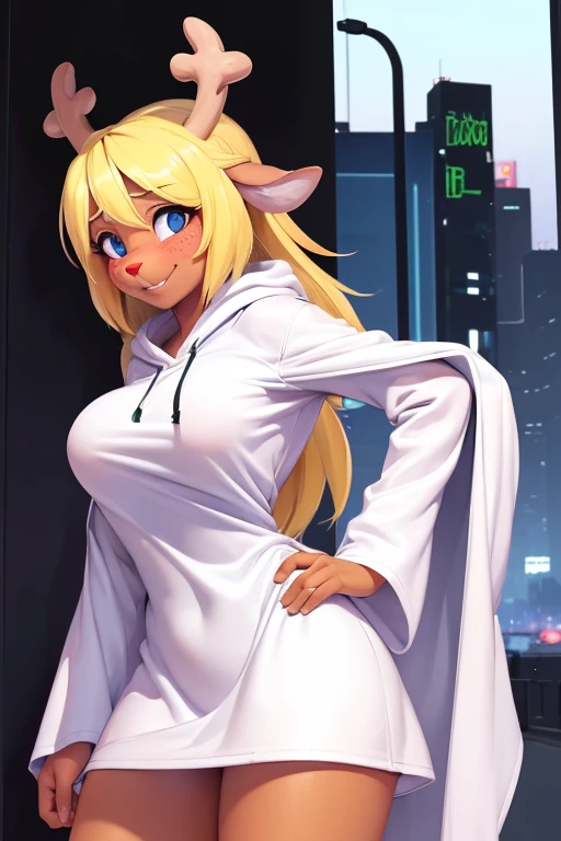 (noelle, furry female anthro, blonde hair, deer girl, red deer nose, white eyes, white pupils, white robe, hooded robe, big breasts, midriff), hands on hips, wide hips, green neon city, smiling, blushing