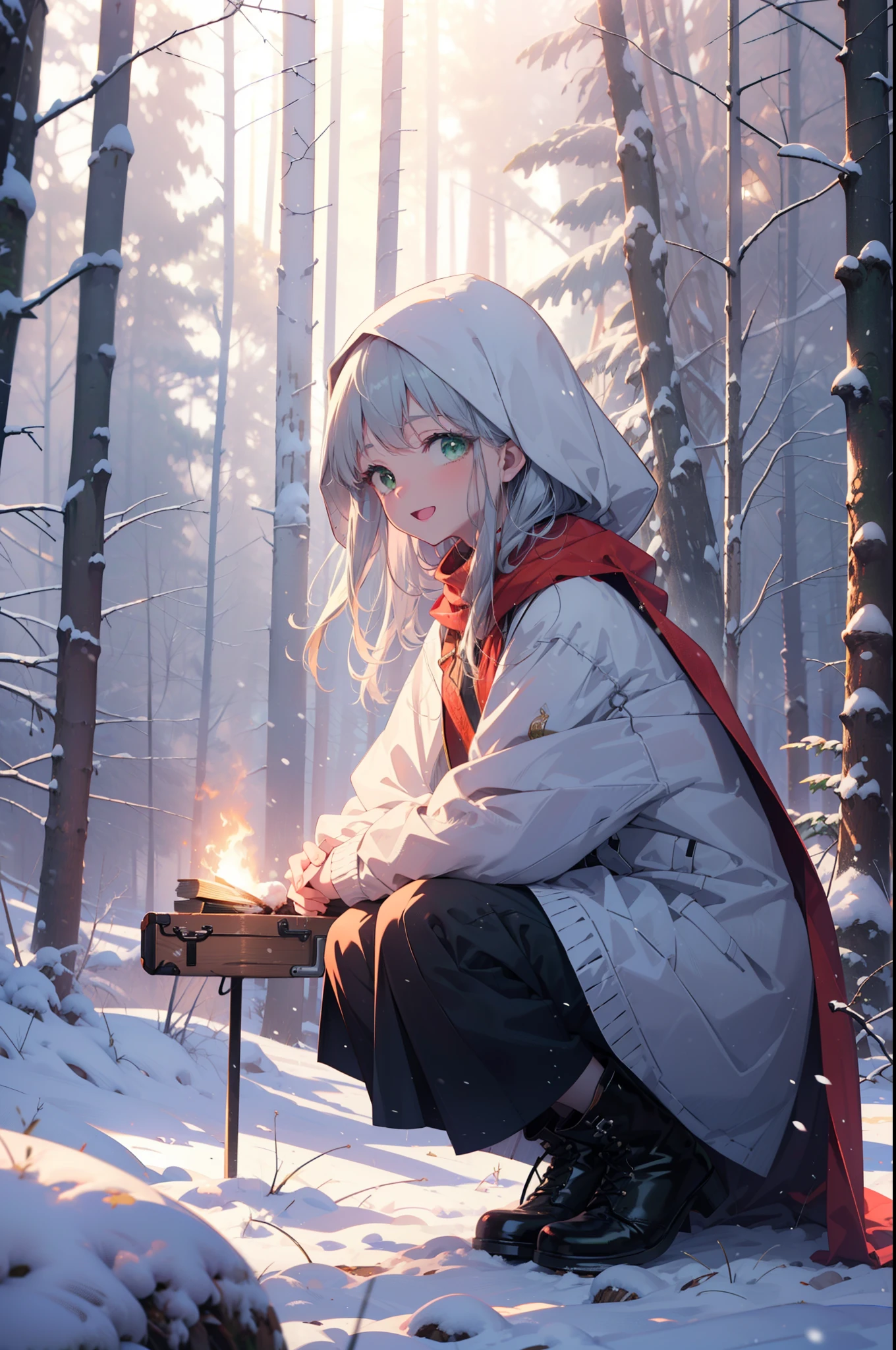 index, index, (Green Eyes:1.5), Silver Hair, Long Hair, (Flat Chest:1.2),happy smile, smile, Open your mouth,
Open your mouth,snow, fire, Outdoor, boots, snowing, From the side, wood, suitcase, Cape, Blurred, Food Up, forest, White handbag, nature,  Squat, Mouth closed, フードed Cape, winter, Written boundary depth, Black shoes, red Cape break looking at viewer, Upper Body, whole body, break Outdoor, forest, nature, break (masterpiece:1.2), highest quality, High resolution, unity 8k wallpaper, (shape:0.8), (Beautiful and beautiful eyes:1.6), Highly detailed face, Perfect lighting, Highly detailed CG, (Perfect hands, Perfect Anatomy),