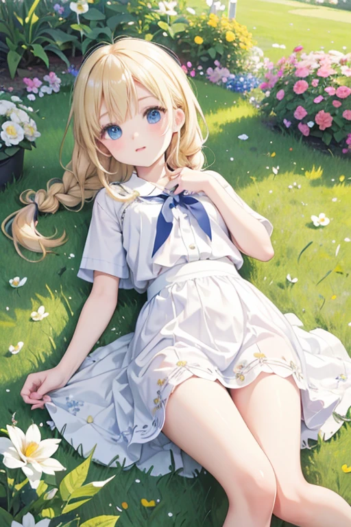 masterpiece, highest quality, High resolution, One 5-year-old girl、blue eyes、
Blonde, Braid、White shirt, Checked skirt, White panties、garden、flower bed、Lying on the grass