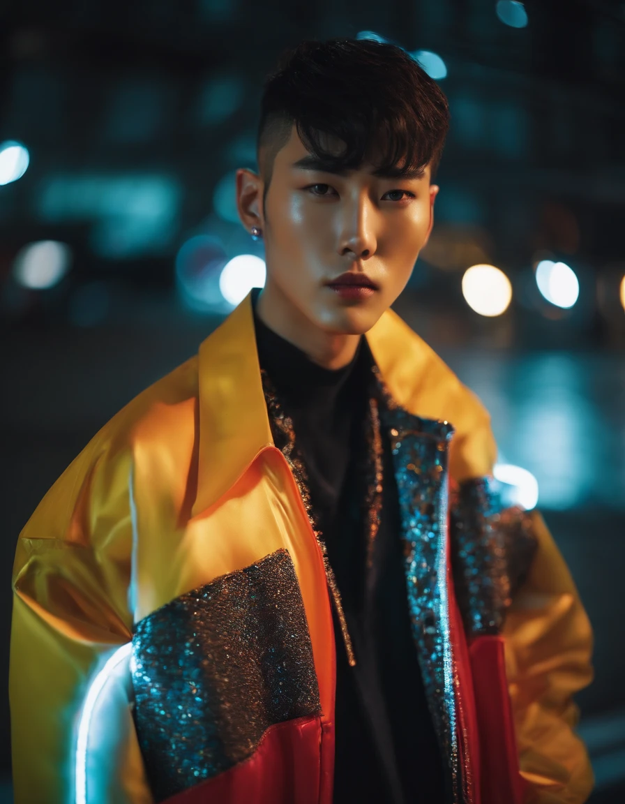 fashion photo of a Korean male model with buzzcut hair in a random style wearing a lightning cinematic style trend jacket