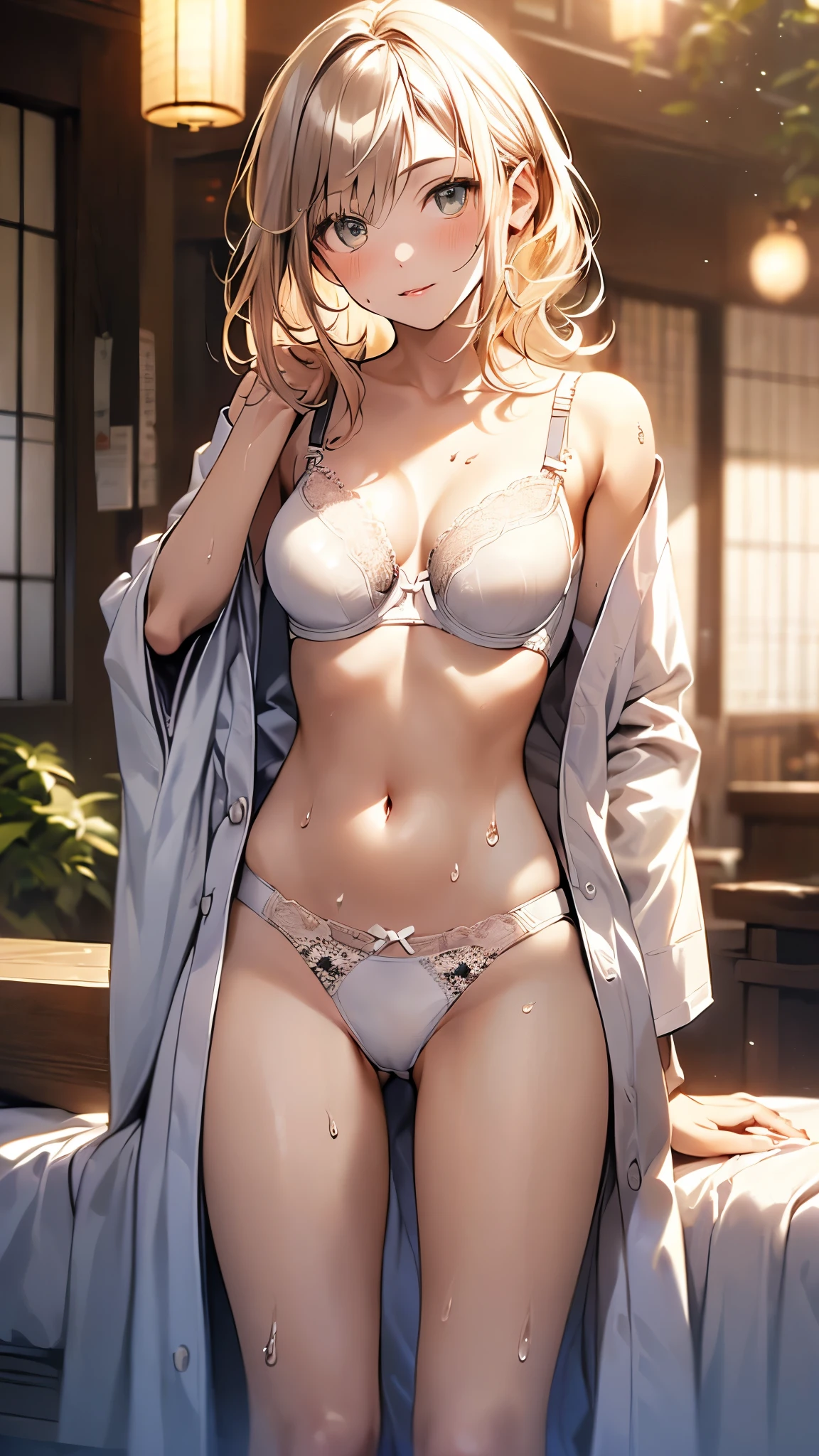 (((night,真night中))),(whole body),(((Cinema Lighting))),((Perfect Anatomy:1.2,Realistic:1.3,RAW Photos:1.3,masterpiece、highest quality、Ultra - High resolution、High resolution、Highly detailed CG、8k)),((attractive way to sit)),((旅館のJapanese-style room))、indoor、1 female,alone,18-year-old、High school girl beautiful girl,Japanese,((Beautiful and graceful face and eyes:1.2,Big beautiful eyes:1.0,)),(Bright Eyes),((Beautiful woman))、((blonde)),Long Hair,(Random hairstyle),Medium Chest,((The body is slim)),Small Head:1.3,skinny,(Brown Skin:1.8),((Oily skin,Glowing Skin,Shiny skin,Sweat:1.4)),((Model pose)),(((Kimono 1.8))),{{{Undressing}}},(prostitution),Japanese-style room,((Turn your body forward)),Stick out your crotch、(Detailed depiction of the crotch),break,(((Satin Bra)))、(((satin panties)))、(Shiny bra:2),((Shiny panties:2))、(((Award-winning design underwear))),((((Bra and panties are the same color))))、break,((White underwear:1.5))、(((Underwear with lace)))