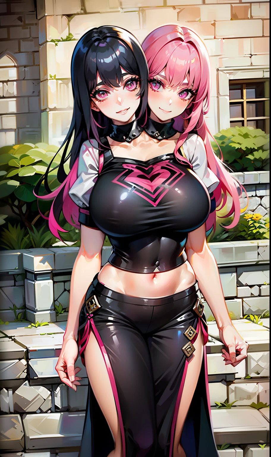 b best quality, (masterpiece),(ultra-detailed), (high quality), (high resolution), ((2heads:1.5)), ((black hair)), ((pink hair)), ((different hair colors)), large breasts, shorts , full body,best quality:1.5, highres, UHD, 4K), medieval outfit, smiling, ((crop top)), wearing sandals, medieval castle background, ((full body)), ((seductive pose)), ((detailed eyes)), (mature woman), exposed midriff, (giant woman)