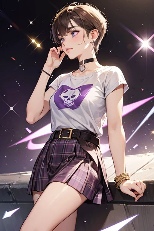 She has short brown hair, styled into a pixie cut, freckles on her cheeks, and wears light purple eye shadow. She wears a purple t-shirt with a skull, torn crew neck and triangular sleeves, a plaid skirt, a light gray belt, and high purple boots. A distinguishing feature of hers is her paperclip earrings. She also wears three black bracelets on each of her wrists and a choker around her neck. SPARKLE; GLITTER