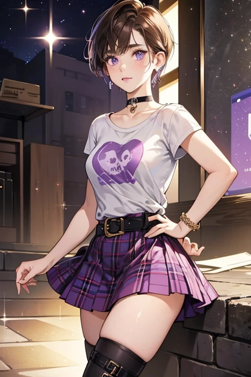  She has short brown hair, styled into a pixie cut, freckles on her cheeks, and wears light purple eye shadow. She wears a purple t-shirt with a skull, torn crew neck and triangular sleeves, a plaid skirt, a light gray belt, and high purple boots. A distinguishing feature of hers is her paperclip earrings. She also wears three black bracelets on each of her wrists and a choker around her neck. SPARKLE; GLITTER