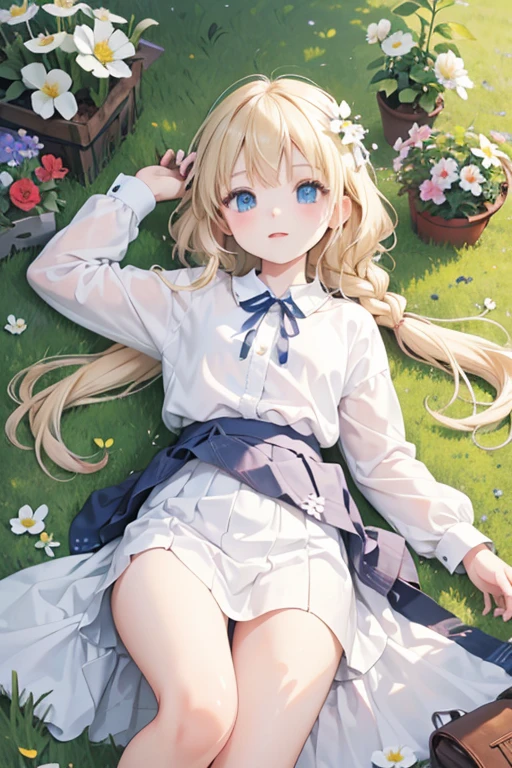 masterpiece, highest quality, High resolution, One 5-year-old girl、blue eyes、
Blonde, Braid、White shirt, Checked skirt, White panties、garden、flower bed、Lying on the grass