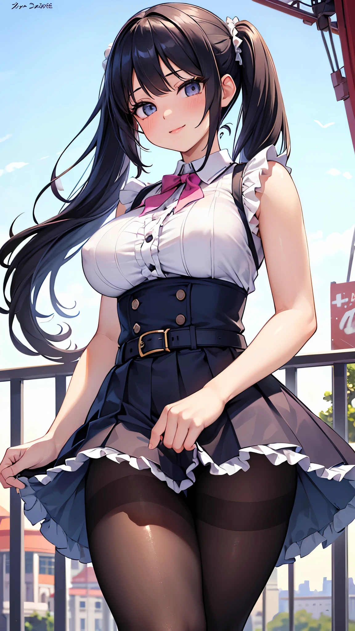 (masterpiece:1.3, highest quality, Ultra-high resolution, Super detailed), (Realistic, photoRealistic:1.4), Beautiful illustrations, Perfect lighting, Natural light, Depth of written boundary, Beautiful detailed hair, Beautifully detailed face, Beautiful fine details, Beautiful clavicle, Beautiful body, Beautiful breasts, Beautiful thighs, Beautiful feet, Beautiful Hands, View your viewers, 1 girl, Very cute girl, , (Perfect Anatomy, Anatomically correct), Cute and symmetrical face, Baby Face, Pce, Perfect Eyes, Shiny skin, (Long Hair:1.8, Twin tails, Black Hair), bangs, Iris, Slanted Eyes, Long Eyelashes, (Very large and ample breasts, juicy thighs, Attractive thighs), (White sleeveless top with frills and a deep neckline, Dark blue pleated skirt:1.3, belt), Pink hair scrunchie, (Beautiful views), amusement park, Pervasive, Ferris wheel, , (Cute smile, Upward glance, Lips parted),((Skirt fluttering in the wind、Pantyhose))