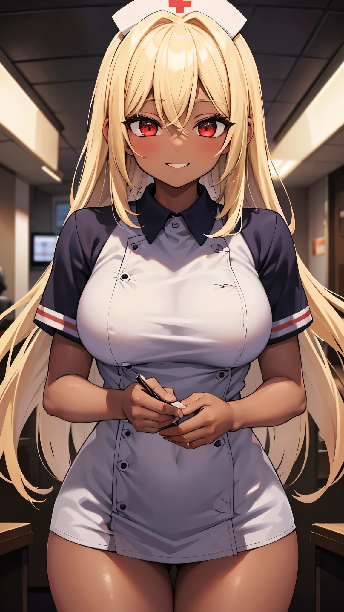 Oga Saki, One girl, alone, Red eyes, Blonde, Long Hair, Large Breasts, Dark skinned women, Dark Skin, smile, Are standing, Dynamic pose, 8k, masterpiece, highest quality, Absurd, Perfect Anatomy, Cinema Lighting, Cowboy Shot, (Nurse uniform:1.1), (hospital, operating room:1.1)