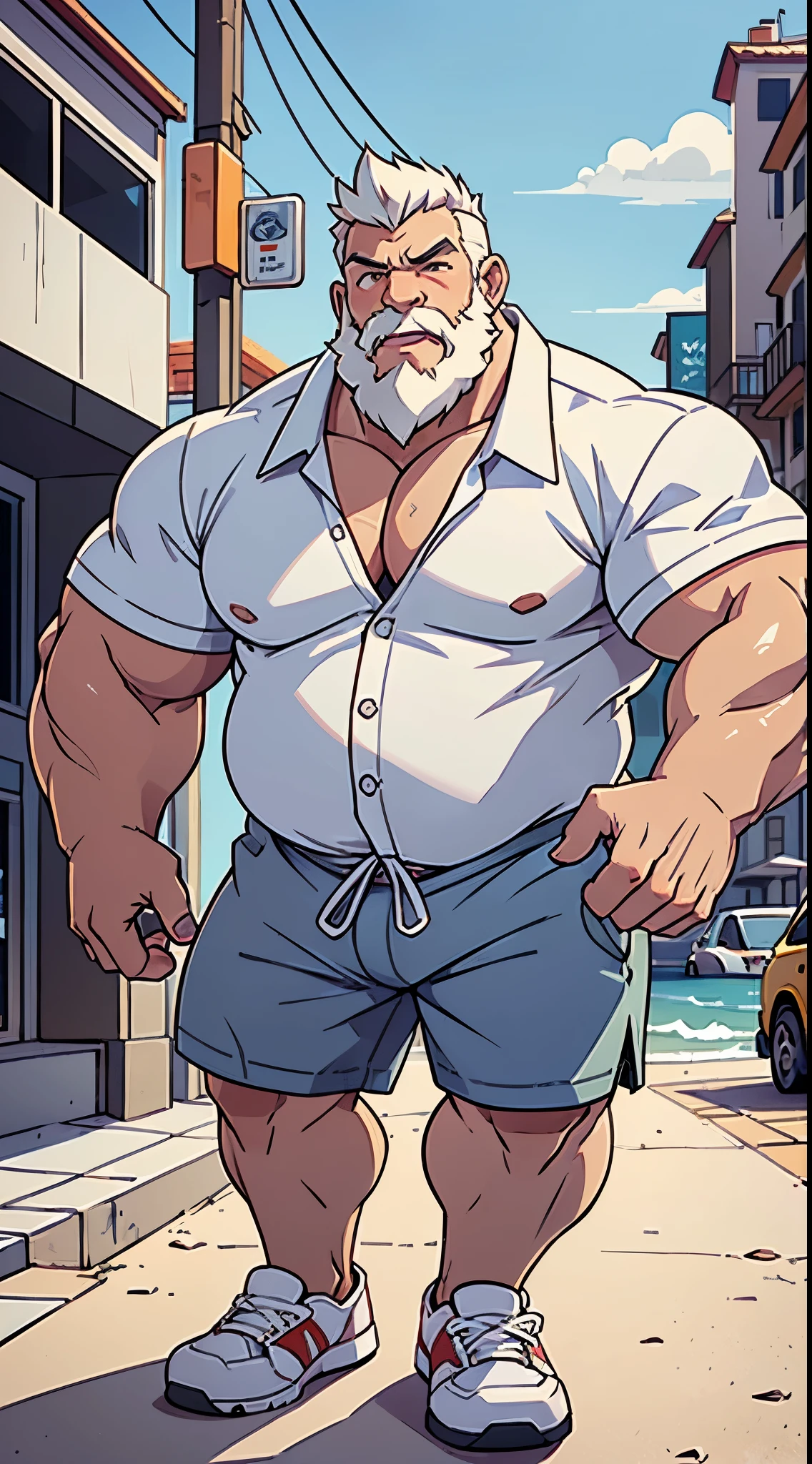 chubby old man in street city, old man, thick arm, huge arm, bearded. white hair and beard, bearded, muscular, pectoral, wide pectoral, beach, palm, realistic, 8k, masterpiece, (wearing shorts and white Hawaiian shirt, shoes)