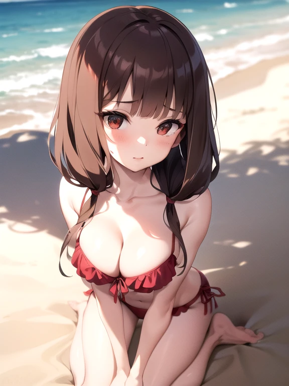 {{{masterpiece}}}, {{{best quality}}}, {{ultra-detailed}}, {illustration}, {{an extremely delicate and beautiful}},bbmiko, long hair, low twintails, blunt bangs, collarbone, red ribbon,bikini,blush,kneeling in beautiful beach,hands on breasts,looking at viewer,focus breasts,from above,