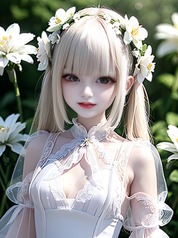 raw photo, 8k, (top-quality), Realistic, (real picture, Intricate details), (natural skin texture, detailed skin, hyper realism, sharpness), Japanese teenage girl dancing in the clear sky high, (white flowers, white petals:1.2, On the mysterious hill where white flowers bloom, jumping high), ((white dress, see-through dress, white flower hair ornament, flower crown, look far away)), (pale skin:1.2), slender body, ((light blond hair:1.3,bun hairstyle, blunt bangs)), (Parted lips:1.3, eye shadow, eyeline, tear bag:1.2, red lip, undereye circle, smile), sunlight, full body shot