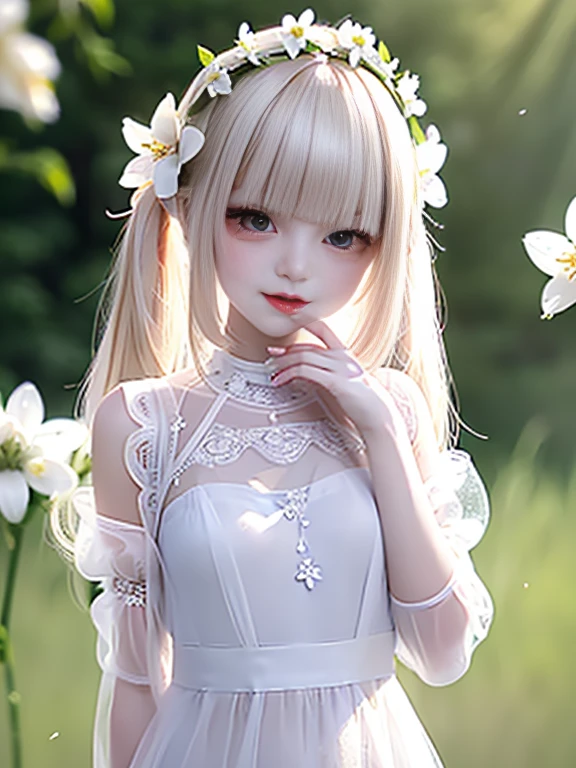 raw photo, 8k, (top-quality), Realistic, (real picture, Intricate details), (natural skin texture, detailed skin, hyper realism, sharpness), Japanese teenage girl dancing in the clear sky high, (white flowers, white petals:1.2, On the mysterious hill where white flowers bloom, jumping high), ((white dress, see-through dress, white flower hair ornament, flower crown, look far away)), (pale skin:1.2), slender body, ((light blond hair:1.3,bun hairstyle, blunt bangs)), (Parted lips:1.3, eye shadow, eyeline, tear bag:1.2, red lip, undereye circle, smile), sunlight, full body shot