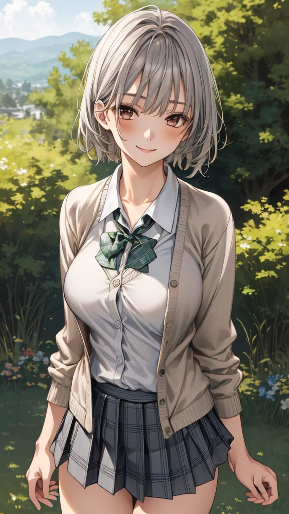 (masterpiece:1.3, top-quality, ultra high res, ultra detailed), (realistic, photorealistic:1.4), beautiful illustration, perfect lighting, natural lighting, colorful, depth of fields, surrealism, 
beautiful detailed hair, beautiful detailed face, beautiful detailed eyes, beautiful clavicle, beautiful body, beautiful chest, beautiful thigh, beautiful legs, beautiful fingers, shiny skin, 
looking at viewer, 1 girl, japanese, high school girl, (perfect anatomy, anatomically correct, super detailed skin), cute and symmetrical face, babyface, perfect face, perfect eyes, perfect fingers,
(short hair, straight hair, long sidelocks, grey hair), bangs, brown eyes, big eyes, long eyelashes, (big breasts, seductive thighs), slender, outstanding style, 
(detailed cloth texture, break, plue-green pleated miniskirt, break, collared white shirt, break, blue-green plaid bow tie, light brown cardigan), break, 
(beautiful scenery), (grassy), standing, (arms behind back), (pretty smile), 