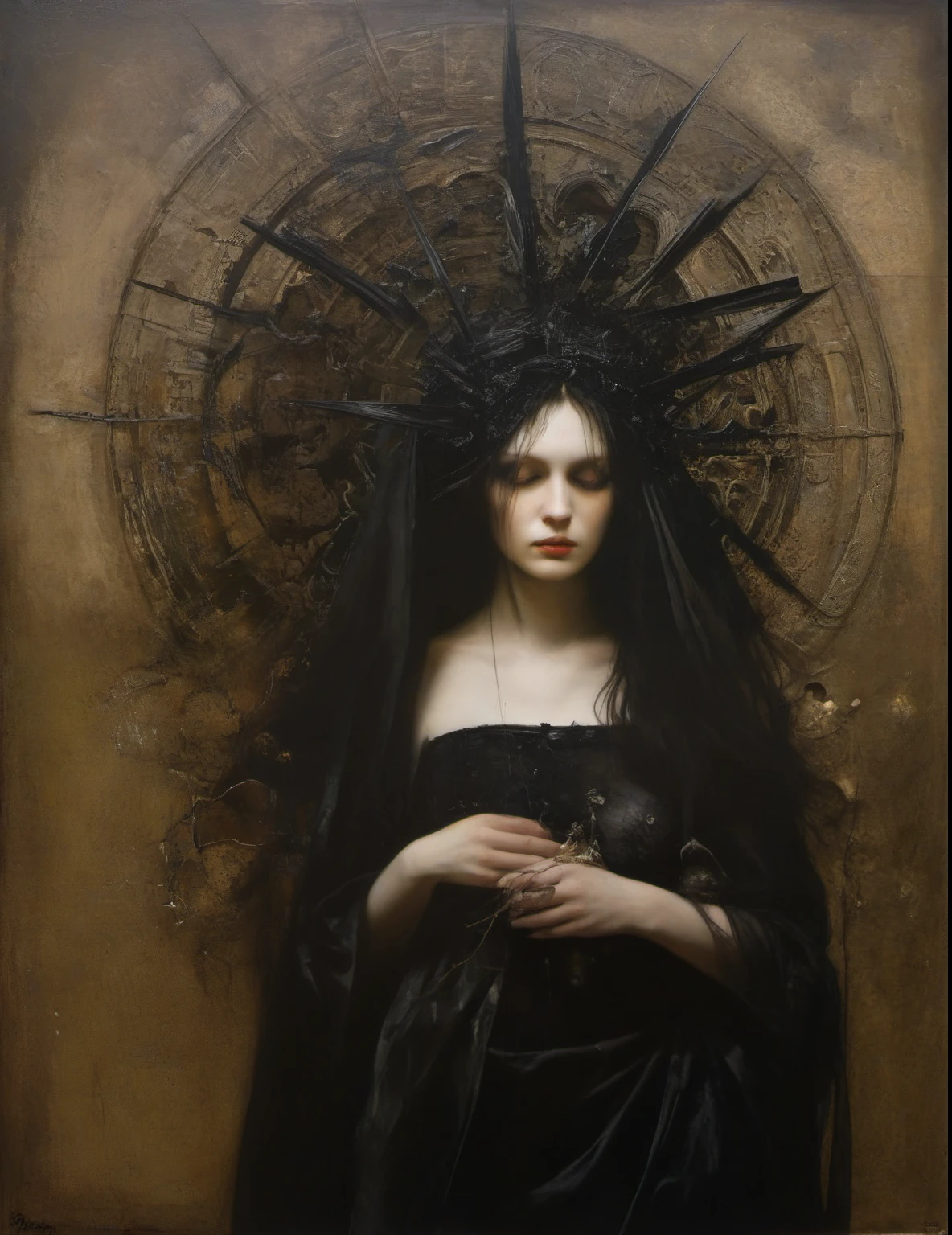 James Gurney, Surrealist art , dream-like, Mysterious, Provocative, symbolic, Complex, detailed,, (Gothic but very beautiful:1.4), (masterpiece, highest quality:1.4) , Nicola Samori Style, queen of darkness