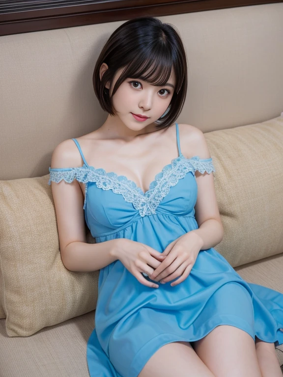 Wearing a blue dress lying on the sofa,Age 25,Japanese women, Short Bob Hair,Sayaka Okada, Young and cute gravure idol, Young and skinny gravure idol, Young Gravure Idol, realistic Young Gravure Idol, Young Sensual Gravure Idol, A sophisticated gravure idol