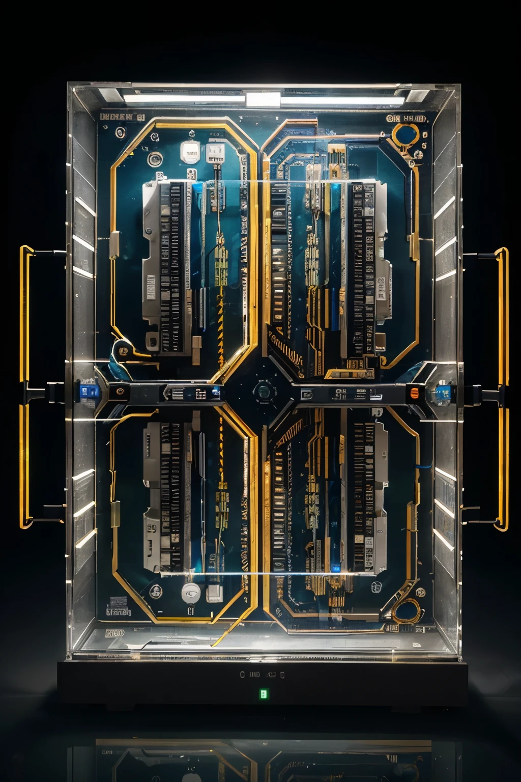 best quality, super fine, 16k, delicate and dynamic, X-ray of a work of art made of transparent crystal, precision machinery inside, circuit boards, diagrams, complex and innumerable colorful cables, IC chips, resistors, capacitors, light-emitting diodes, timers