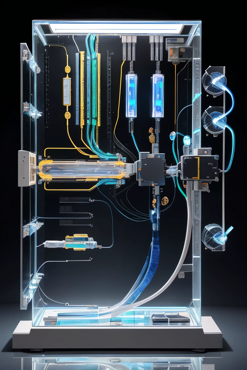 best quality, super fine, 16k, delicate and dynamic, X-ray of a work of art made of transparent crystal, precision machinery inside, circuit boards, diagrams, complex and innumerable colorful cables, IC chips, resistors, capacitors, light-emitting diodes, timers