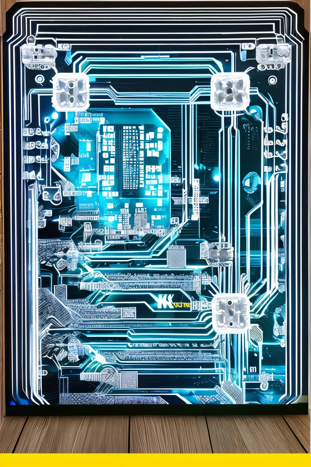 best quality, super fine, 16k, delicate and dynamic, X-ray of a work of art made of transparent crystal, precision machinery inside, circuit boards, diagrams, complex and innumerable colorful cables, IC chips, resistors, capacitors, light-emitting diodes, timers