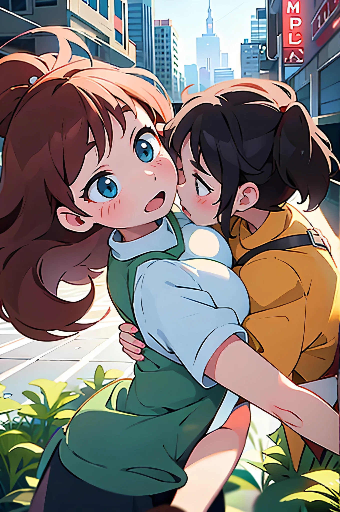 Girls fighting in a city of skyscrapers,