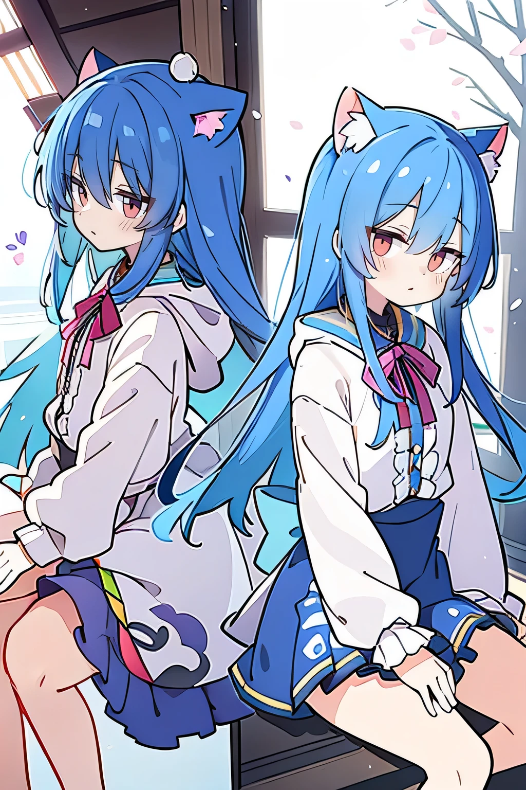 （masterpiece：1.2），Super detailed，lifelike，Expressive eyes，fair skin，perfect face shape，1 girl，
Japanese comics,Gorgeous blue hair,flowing blue hair,flowing clothes,Cat ears,Petals fall,beautiful lola,Baby Angel,
Cross your legs，Gentle and peaceful background，The pavilion is cool and comfortable,smile, wearing hoodie, background of tokyo,back views,snowing, winter.
