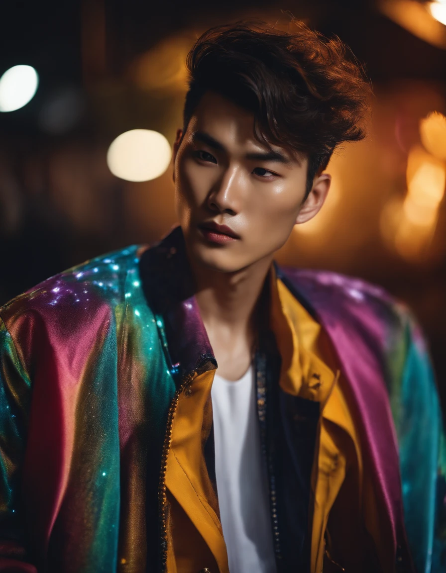 fashion photo of a Korean male model with messy buzzcut hair wearing a colorful trend jacket in a lightning cinematic style