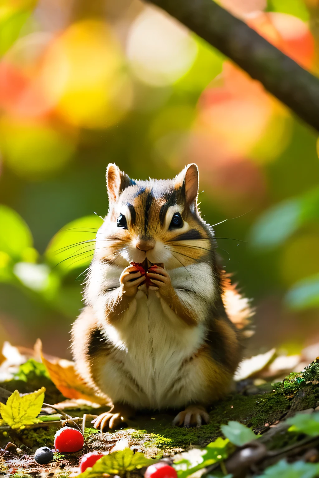 little chipmunk eating berries on mossy ground, photorealism, eating snack, beautiful fall, beautiful nature, cute, forest creatures, in autumn forest, wildlife photography, colorful 8 k, colorful hd picure, beautiful art uhd 4 k, 4k highly detailed digital art, colorful 4k, beautiful and colorful, 8k high quality detailed art