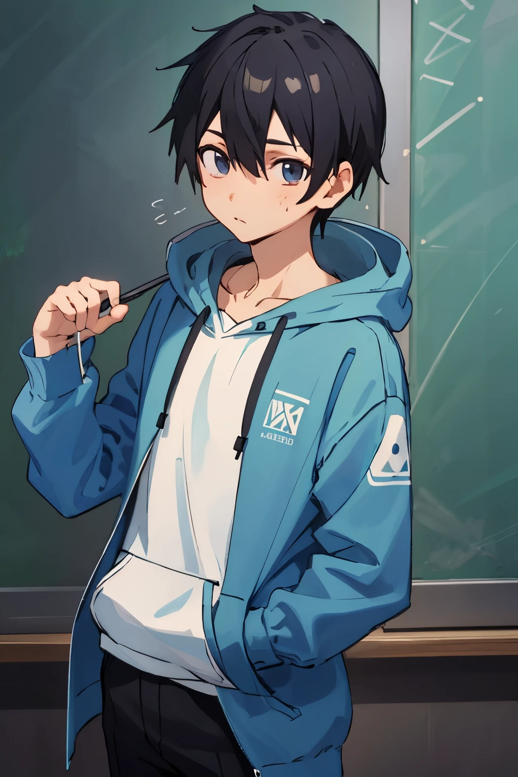 male、♂、Blue hoodie、Black mash hair、 Stand in front of the blackboard、