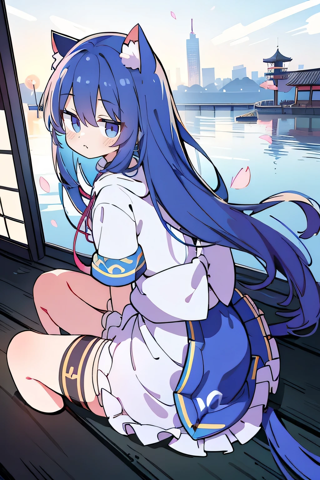 (masterpiece:1.2),Super detailed,lifelike,Expressive eyes,fair skin,perfect face shape,1 girl,
Japanese comics,Gorgeous blue hair,flowing blue hair,flowing clothes,Cat ears,Petals fall,beautiful lola,Baby Angel,
Cross your legs,Gentle and peaceful background,The pavilion is cool and comfortable,smile, wearing hoodie, background of tokyo,back views,snowing, winter.