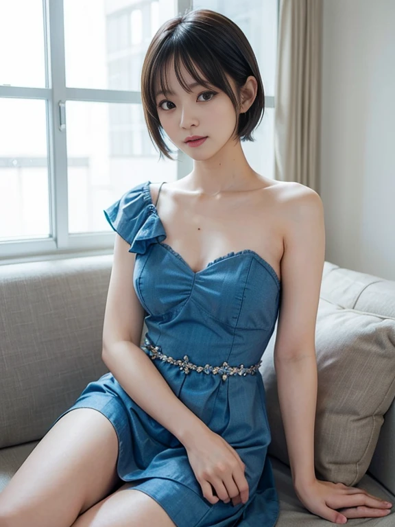 Wearing a blue dress lying on the sofa,Age 25,Japanese women, Short Bob Hair,Sayaka Okada, Young and cute gravure idol, Young and skinny gravure idol, Young Gravure Idol, realistic Young Gravure Idol, Young Sensual Gravure Idol, A sophisticated gravure idol