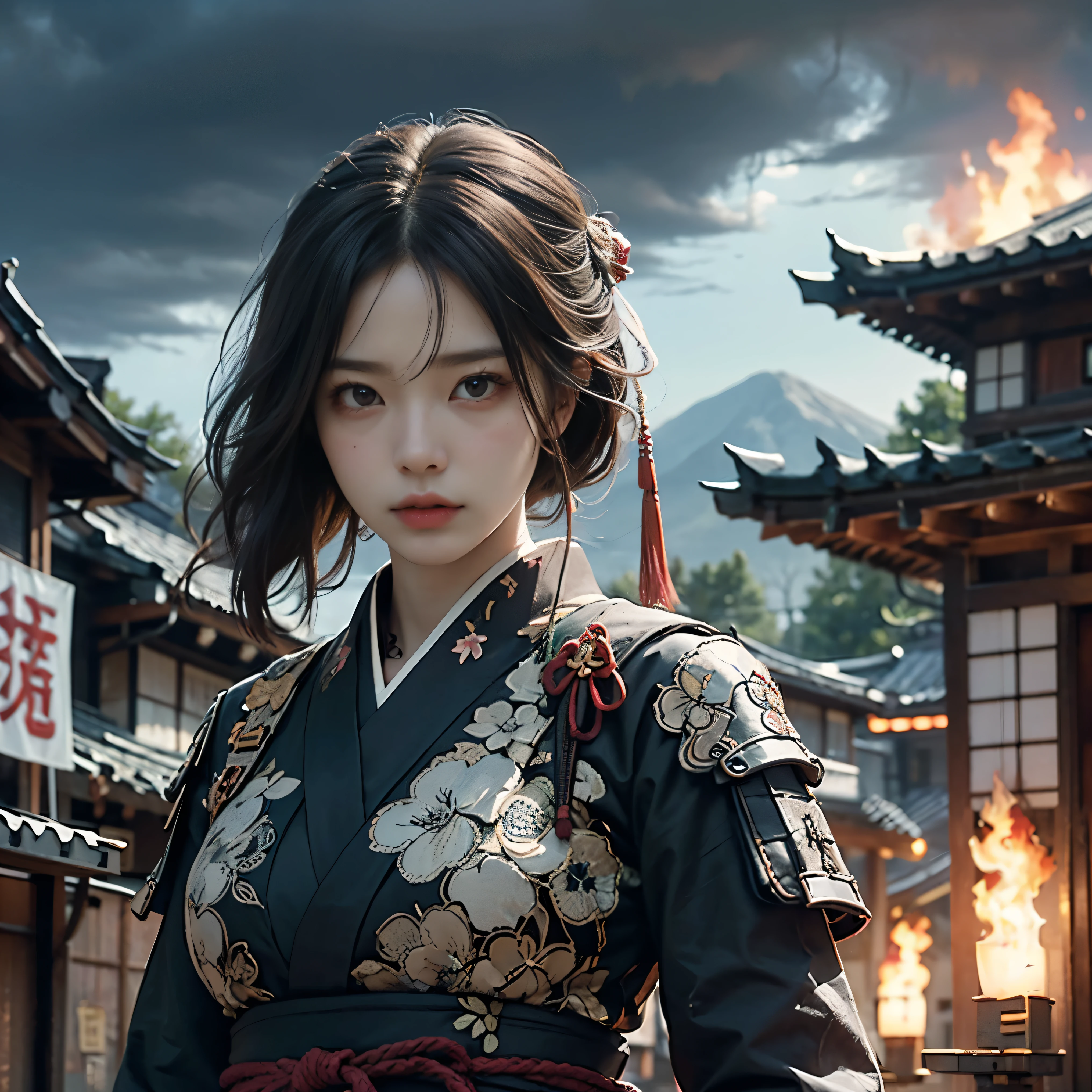 In front of a burning house background、A girl holding a Japanese sword in a middle stance。 (highest quality、Super detailed、Real、HDR)、Traditional Japanese Samurai Costume、Detailed wavy black hair、Focused and sharp eyes、A fierce and determined look、Intricate patterns and designs on samurai armor、A polished steel blade engraved with Chinese characters 、Intense flames engulfing a house、Thick black smoke billowing in the sky、Glowing embers in the air、Dark, ominous clouds that create an eerie atmosphere、Dramatic lighting with shadows and highlights、Vibrant colors inspired by traditional Japanese art、Dynamic composition。 The girl is in the center、It shows her strength and power