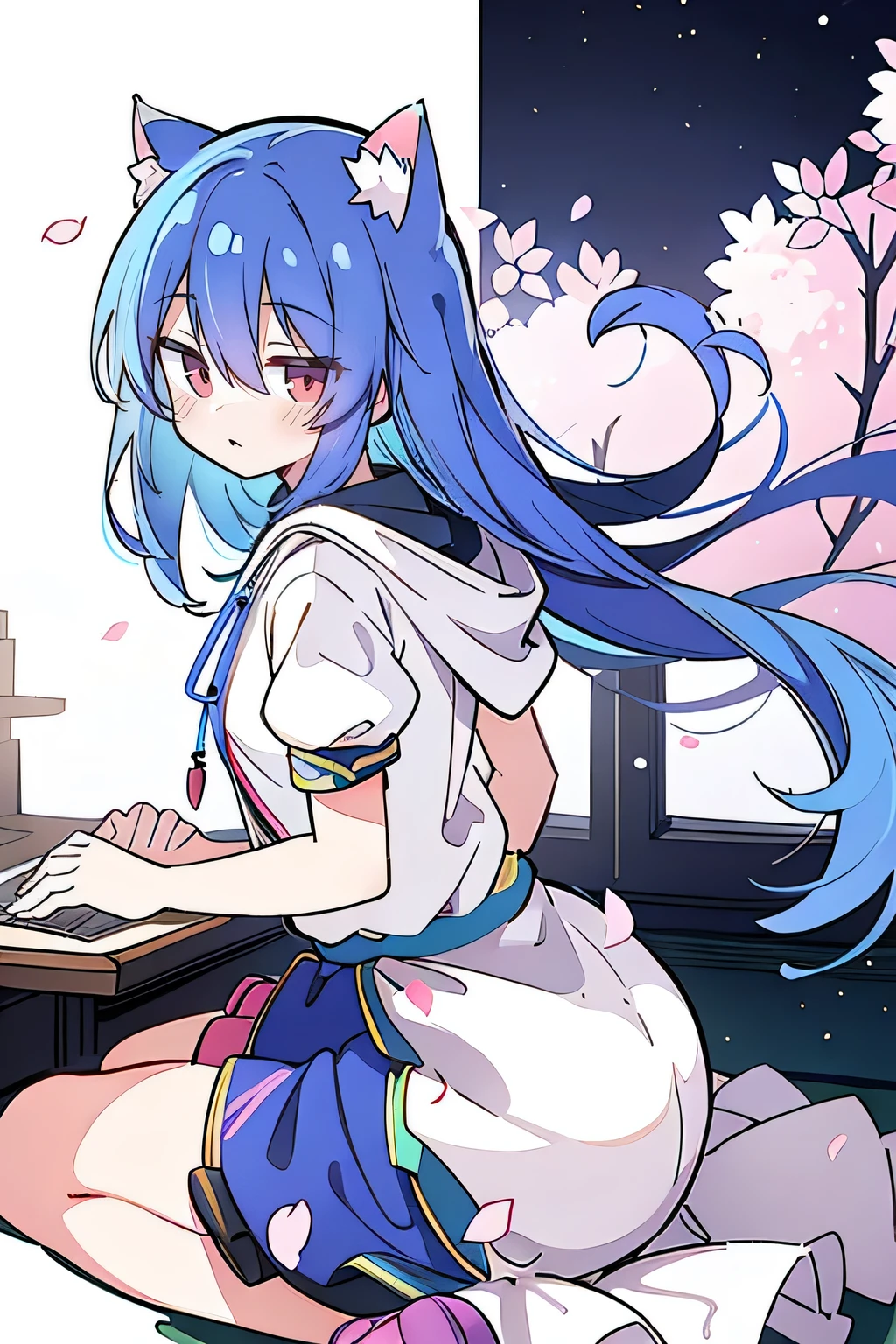 （masterpiece：1.2），Super detailed，lifelike，Expressive eyes，fair skin，perfect face shape，1 girl，
Japanese comics,Gorgeous blue hair,flowing blue hair,flowing clothes,Cat ears,Petals fall,beautiful lola,Baby Angel,
Cross your legs，Gentle and peaceful background，The pavilion is cool and comfortable,smile, wearing hoodie, background of tokyo,back views,snowing, winter.