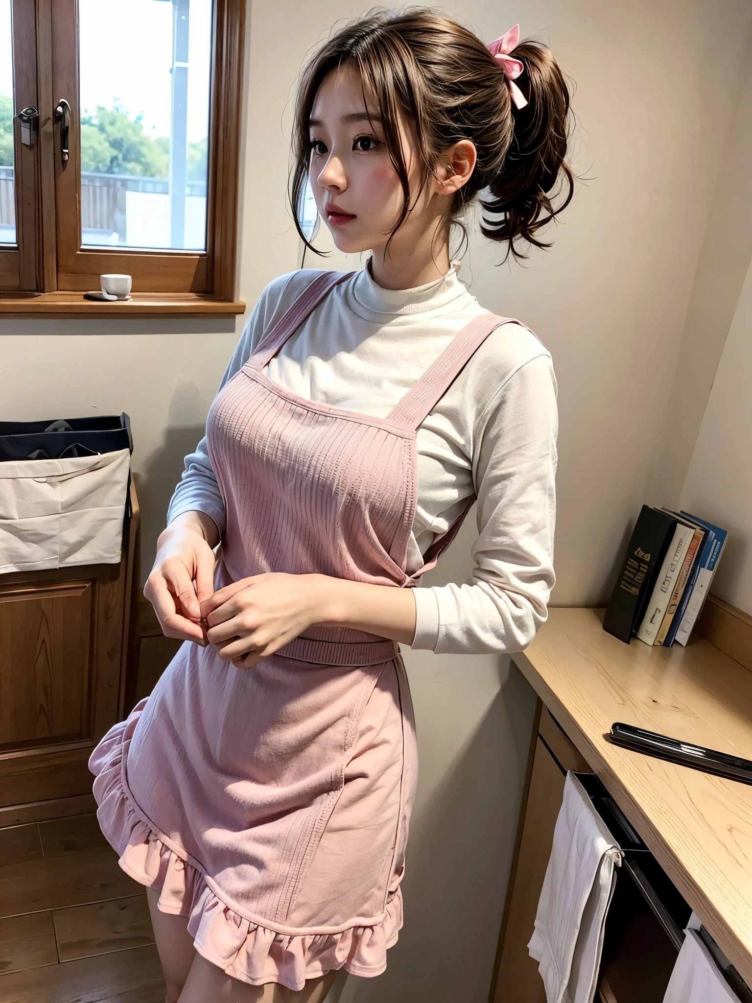 Best quality: 1.4, high resolution, perfect lighting, one girl, big breasts, short ponytail, ribbon, pink knit, wearing a chest-length apron over her clothes