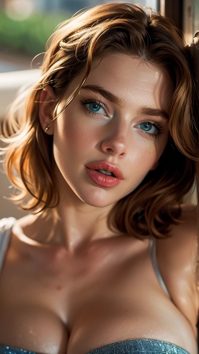 Ultra-realistic full-face photorealistic image. Scarlett Johanson is a 39-year-old milf goddess with a gorgeous face and deep blue eyes that captivate anyone who meets them. Her short, straight blonde hair falls gracefully, framing her face with elegance. Full lips paint a smile. Her beauty is a harmonious blend of unique and captivating features, making her irresistibly attractive.