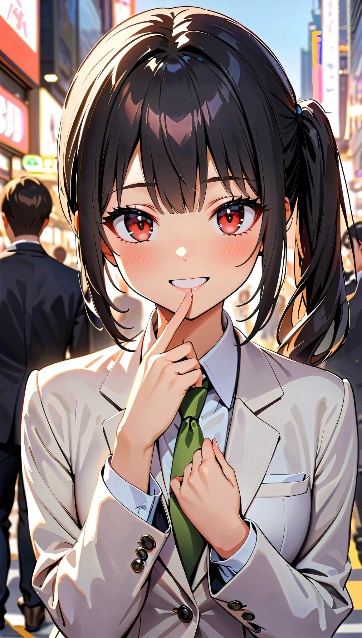 (highest quality:1.2, Very detailed, Ultra-high resolution, masterpiece:1.2, highest quality, Best aesthetics), (((1 girl))), Beautiful woman, , jk, blazer, Collared shirt with green tie, Pleated skirt, (Black Hair, Side Ponytail, Red Eyes), Reflection of light, translucent, Fascinating, cover your mouth with your hand, Watery eyes, Detailed eyes, Delicate, dream-like, Surreal, Shibuya, Scramble crossing, People passing by々, smile, Soft Light, Elegant gestures, Shallow depth of field, Bokeh:1.2.