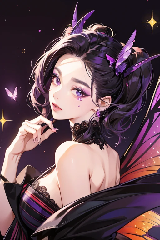 Madame Butterfly is mostly purple. She has black eyes, and a black mouth. Her antennae are black, and her wings are orange with brown, purple, and red spots. SPARKLE; GLITTER