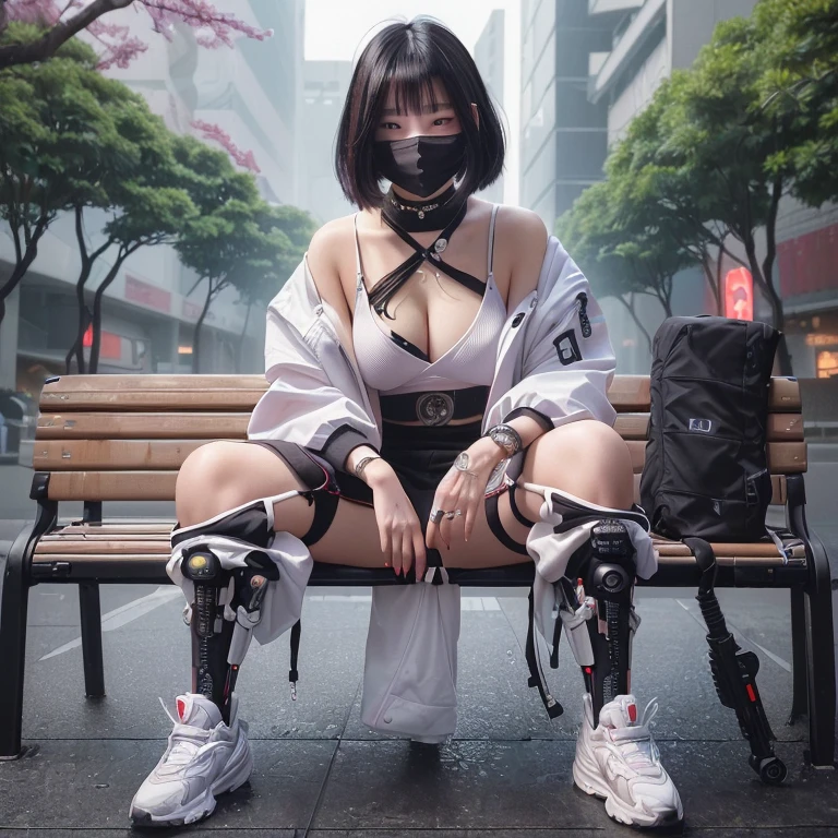 A woman wearing a mask sitting on a bench, Cyberpunk Streetwear, digital Cyberpunk art, デジタルCyberpunk art, Cyberpunk Art, Cyberpunk art, Cyberpunk artスタイル, Cyberpunk themed art, Japanese Cyborg, Cyberpunk Girl mech, Cyberpunk Girl, Aesthetic Cyberpunk, Very beautiful cyberpunk samurai, Cyborg - Girl, Zen Meditation Cyberpunk、Ultra high definition、masterpiece、correct、Anatomically correct、Textured skin、Very detailed、High detail、high quality、最high quality、High resolution、8k、Raw photo、whole body、Beautiful age Woman、One Japanese woman、Big beautiful eyeedium chest