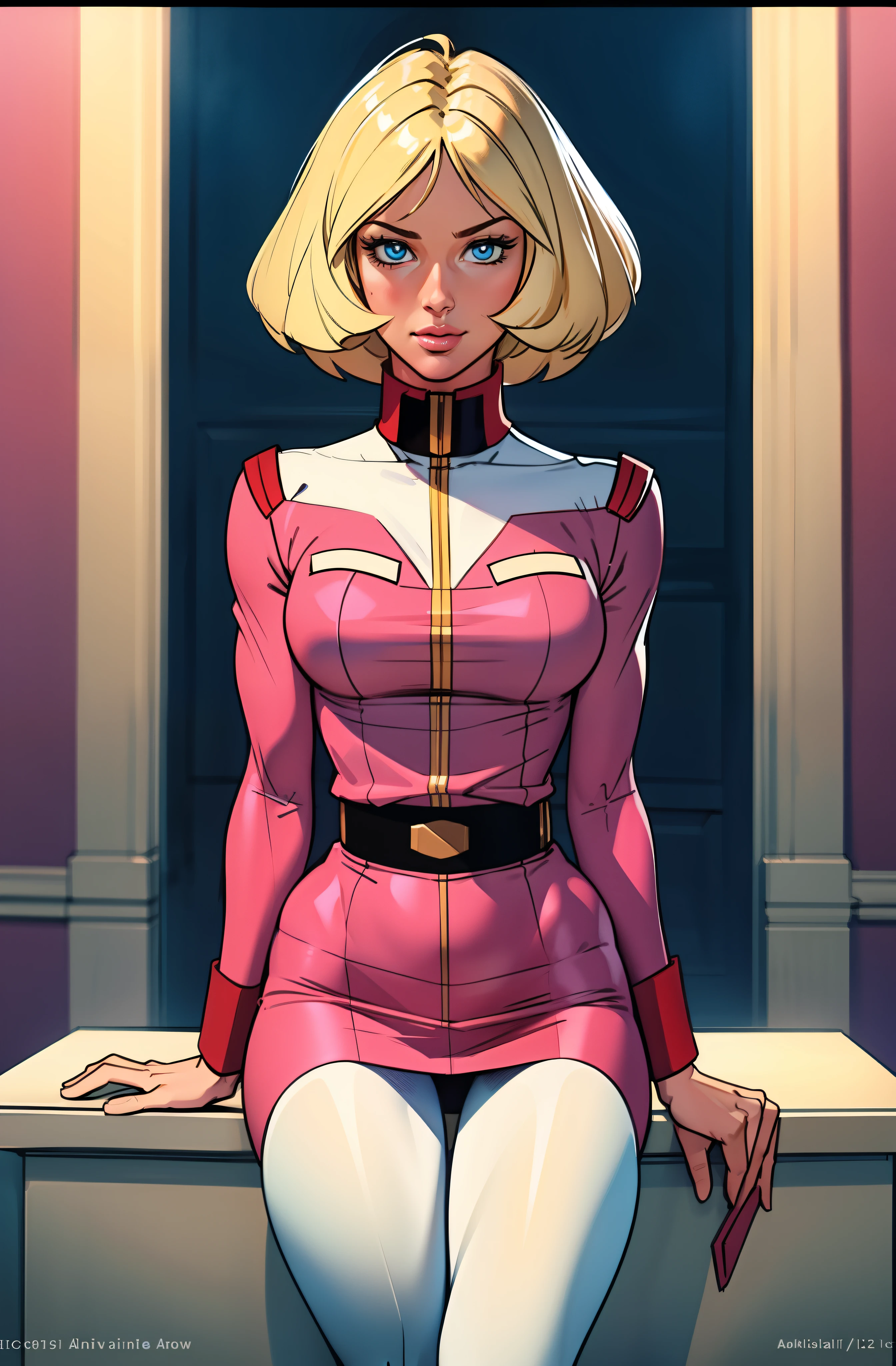 ((masterpiece)), ((cinematic lighting)), realistic photo、Real Images、Top image quality、1girl in, sayla mass, Elegant, masterpiece, Convoluted, slim arms, wide hips, thick thighs, thigh gaps, Best Quality, absurderes, high face detail, Perfect eyes, mature, Cowboy Shot, , Vibrant colors, soft pink uniform, soft pink Skirt, white tights