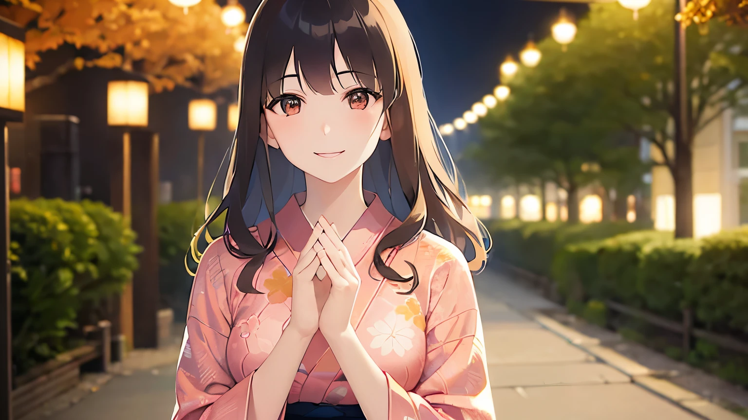 Placing hand on face, Biologically correct five fingers、A close-up of your face、Realistic, real person, (pale skin: 1.2), RAW photo, photorealistic, shiny skin, shiny hair、(25 year old woman with bangs) and (wavy hair) and (brown hair) and (orange eyes) , (yukata) and (pink) and (Floral patterns)、(embarrassed, smile:1.3), The background is a Japanese park at night、Alone、Are standing