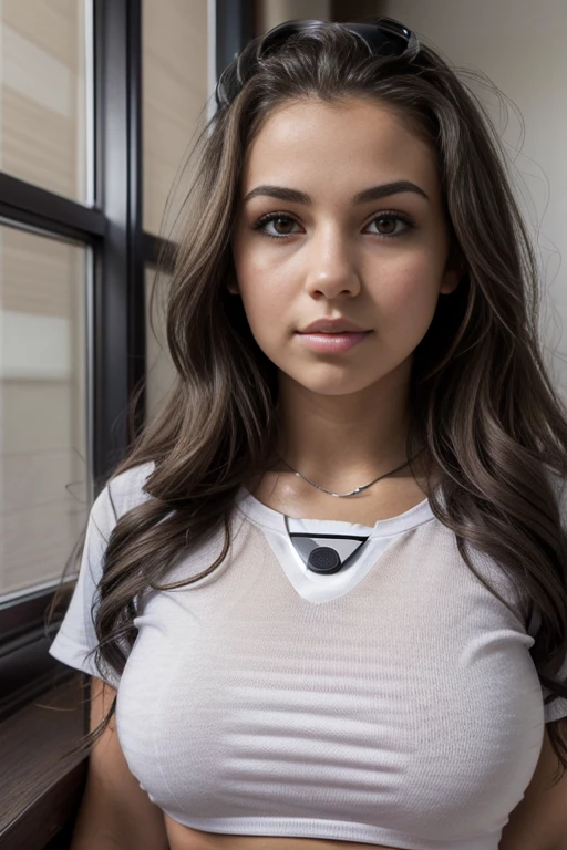 Mujer con una camisa vaquera sentada en un escritorio frente a una pizarra, (((half body camera shot))), linda colegiala, en un aula, sentado en el aula, high school girl portrait, hyperrealista , a hyperrealista , realista , mujer joven atractiva, linda mujer joven, Retrato de Sophie Mudd, escote, mirando seductoramente al frente.