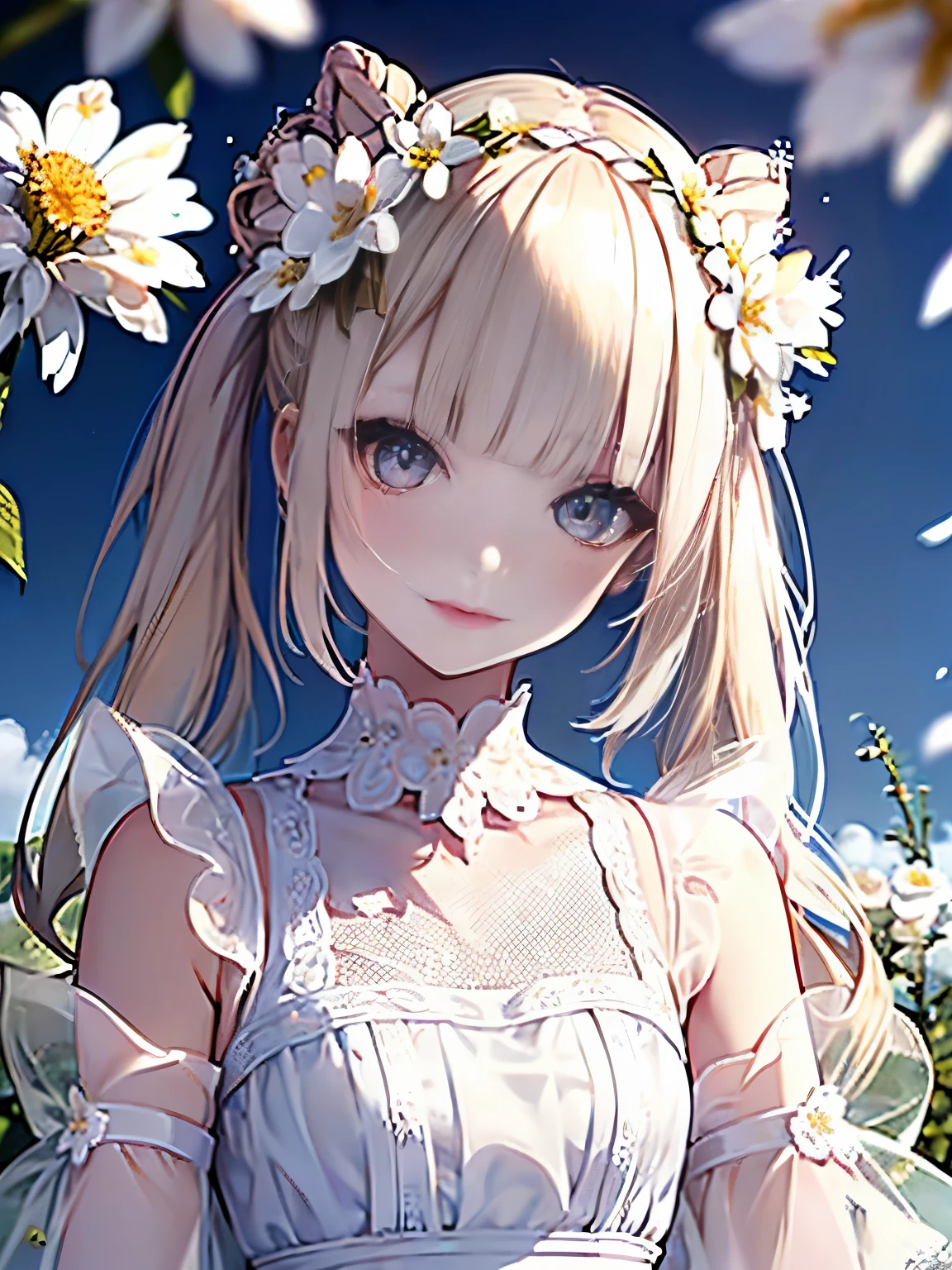 raw photo, 8k, (top-quality), Realistic, (real picture, Intricate details), (natural skin texture, detailed skin, hyper realism, sharpness), Japanese teenage girl dancing in the clear sky high, (white flowers, white petals:1.2, On the mysterious hill where white flowers bloom, jumping high), ((white dress, see-through dress, white flower hair ornament, flower crown, look far away)), (pale skin:1.2), slender body, ((light blond hair:1.3,bun hairstyle, blunt bangs)), (Parted lips:1.3, eye shadow, eyeline, tear bag:1.2, red lip, undereye circle, smile), sunlight, full body shot