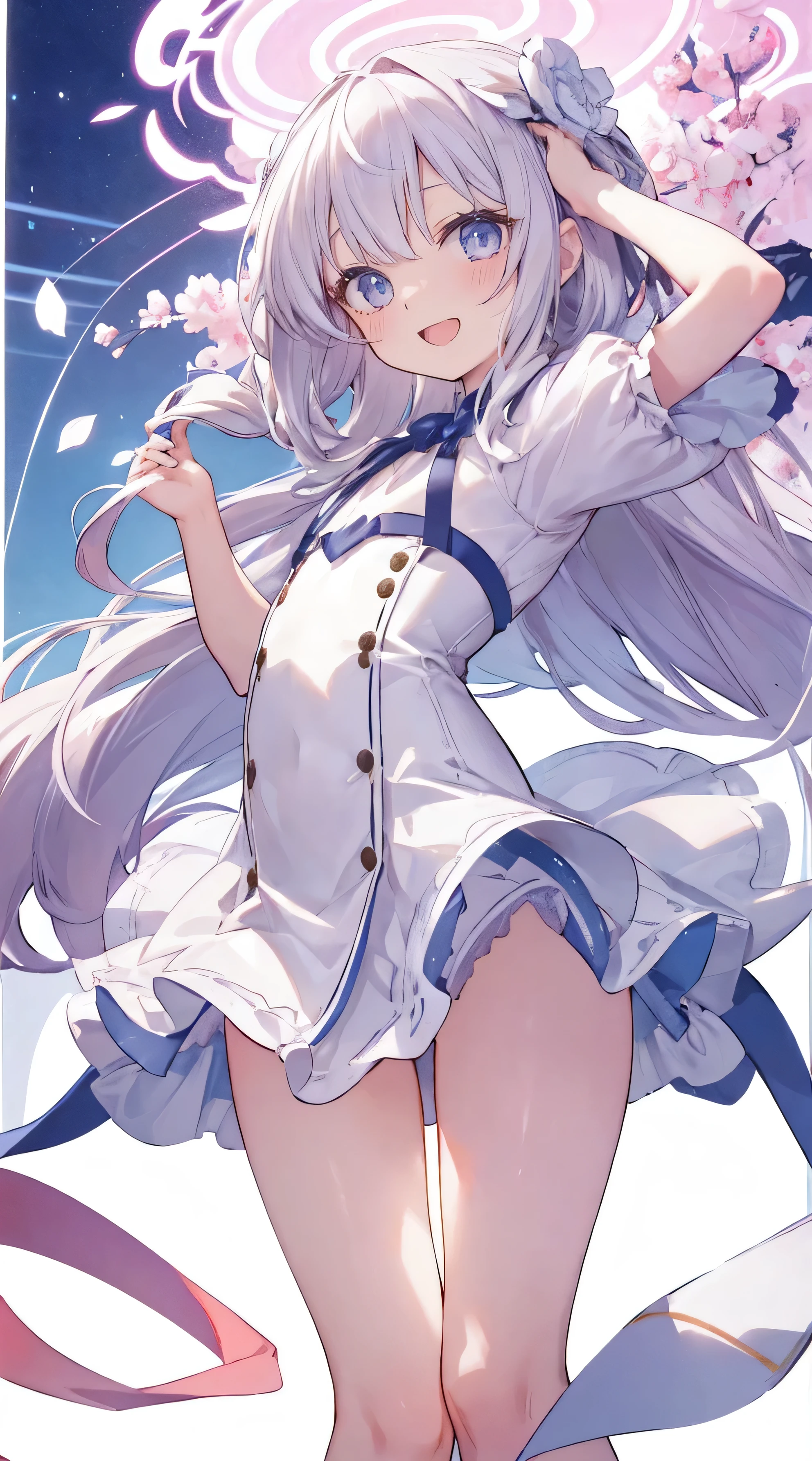 Masterpiece、Highest quality、highest quality、((((Petite))))、(Open Mouth Smile)、Shiny hair quality、Small face、Dynamic pose、Super detailed, beautiful, wide eyes、Ultra-detailed, clear and beautiful faces、(cute illustration:1.2), High-resolution, ultra-detailed, best quality, embarrassed、Thighs