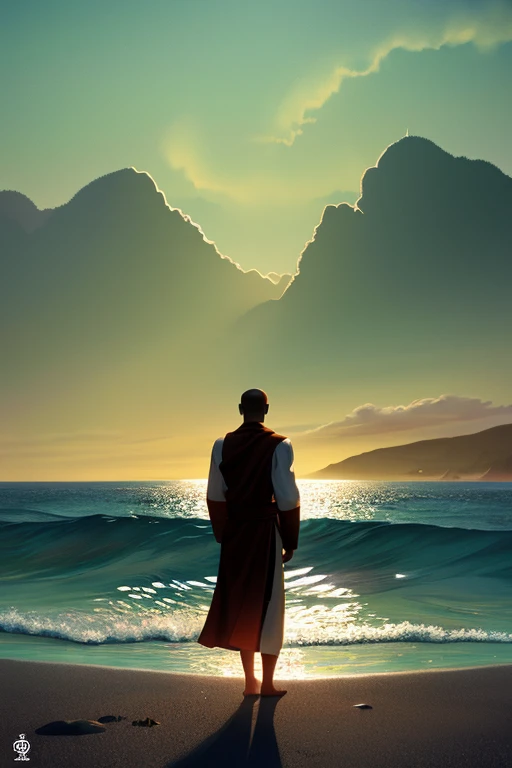 Shaved head, back, monk, saint, sea ((highest quality)), (illustration)