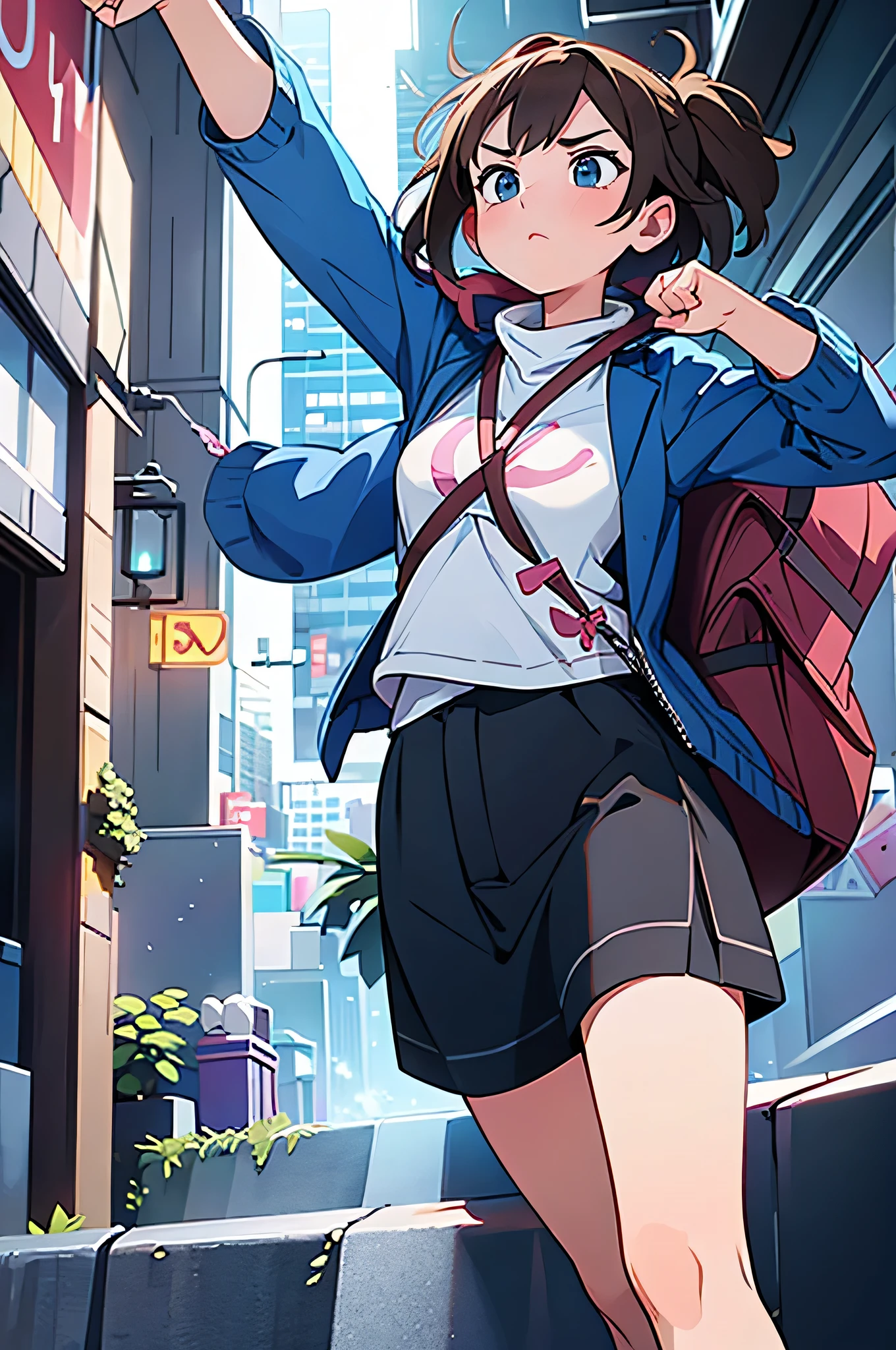 A girl fighting aliens in a city of skyscrapers,