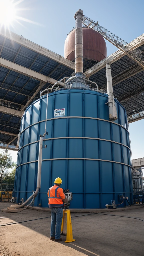 Create an image of landscape photography, huge water tanks in blue color, bright sky, environmental portrait, engineering portrait, worksafe. instagram photo, people at work, water industries, engineering, corporate photo, industrial photo, look at the details.