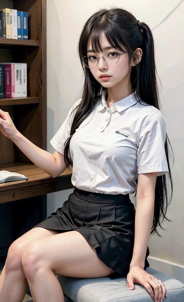 1girl, 18 years old woman, eye glasses, black twintail hair, bangs, light pink blush, sitting on a single chair, library, white short sleeve blouse, white collar, big , small waist, mini skirt, thicc_thighs
thighs, legs, perfect fingers, 